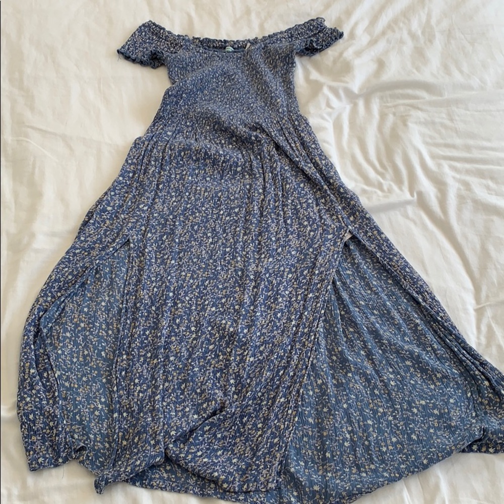 fitted bodice off the shoulder midi dress
